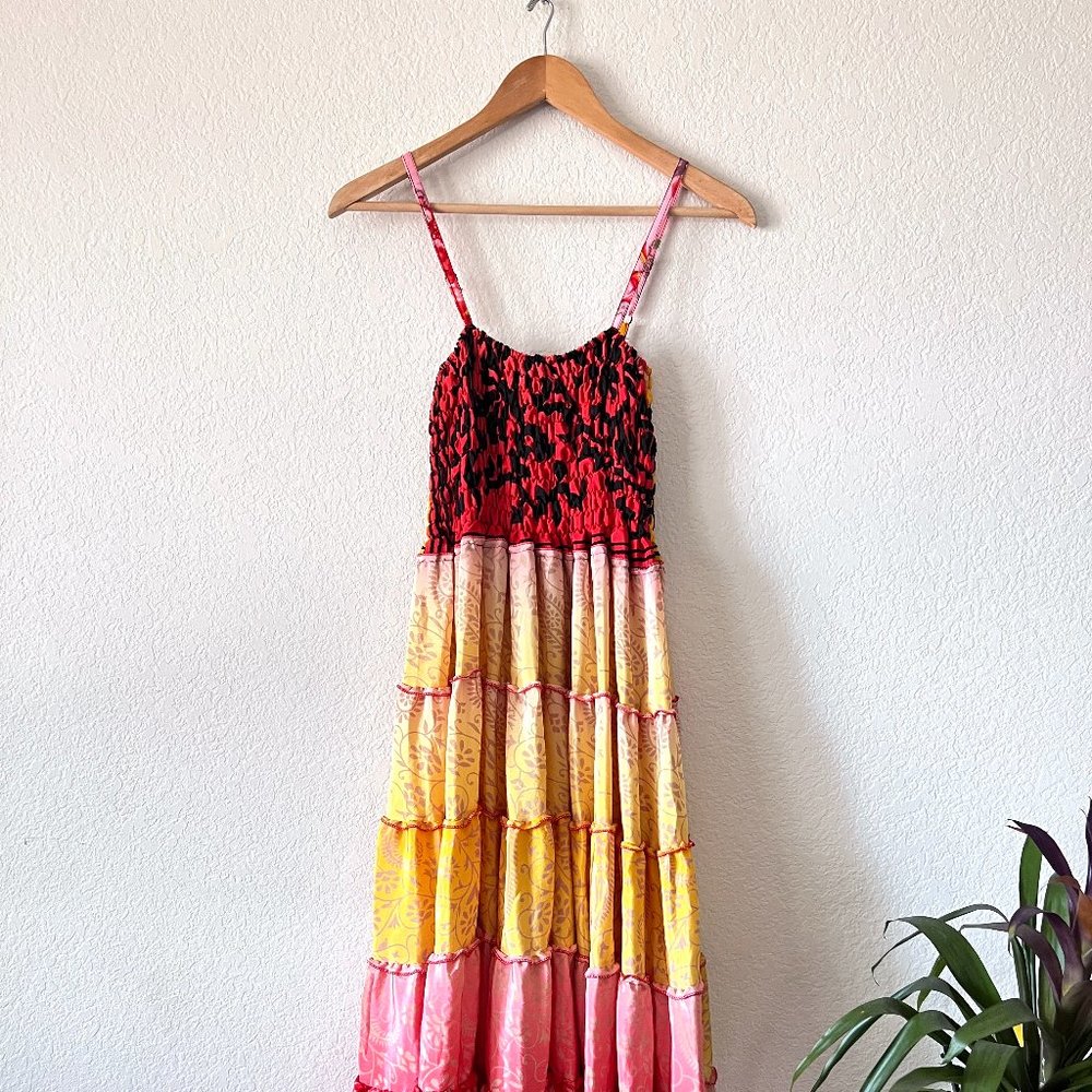 Hawaiian 100% Silk Patchwork Ruffle Tiered Multicolor Dress One Size - Picture 2 of 9